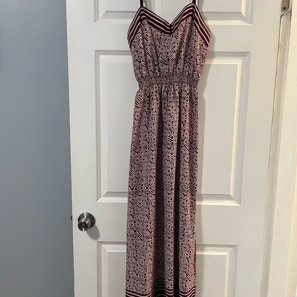 LOFT Burgundy and White Patterned Maxi Dress